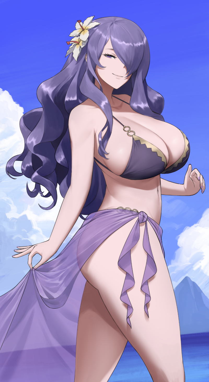 1girl 1girl 1girl alluring alternate_costume big_breasts bikini blue_sky camilla_(fire_emblem) camilla_(summer)_(fire_emblem) cleavage closed_mouth cloud day female_only fingernails fire_emblem fire_emblem_fates fire_emblem_heroes flower hair_flower hair_ornament hair_over_one_eye high_res long_hair looking_at_viewer navel nintendo official_alternate_costume one_eye_covered outside purple_bikini purple_nails purple_sarong purple_swimsuit sarong see-through see-through_sarong shou_illust sky smile stomach swimsuit wavy_hair