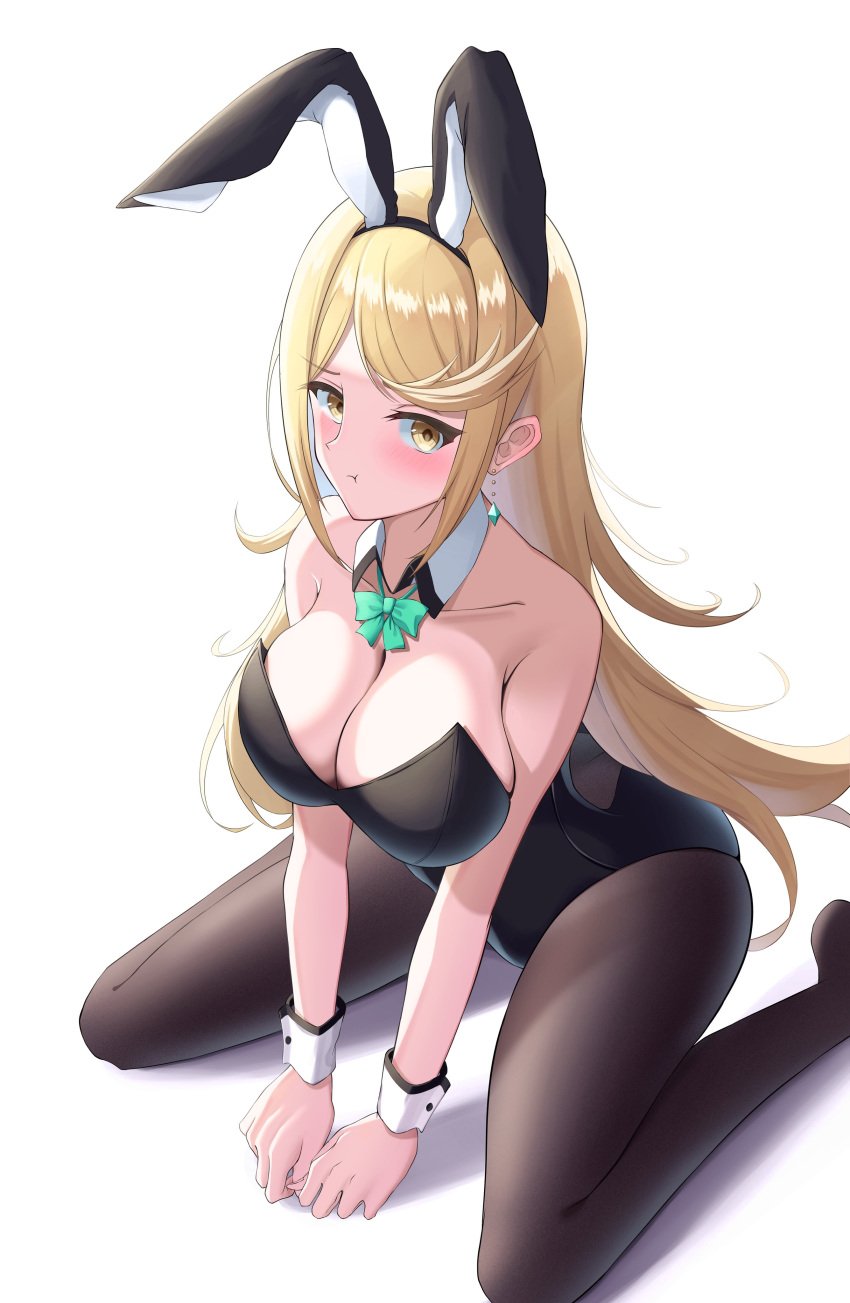 1girl 1girl 1girl :t absurd_res alluring animal_ears bare_shoulders big_breasts black_headwear black_leotard black_pantyhose blonde_hair bow bowtie cleavage detached_collar fake_animal_ears green_bow green_bowtie hands_on_floor high_res leotard long_hair mythra no_shoes okazu2010015 pantyhose playboy_bunny pout rabbit_ears sitting strapless strapless_leotard swept_bangs very_long_hair wariza wrist_cuffs xenoblade_(series) xenoblade_chronicles_2 yellow_eyes