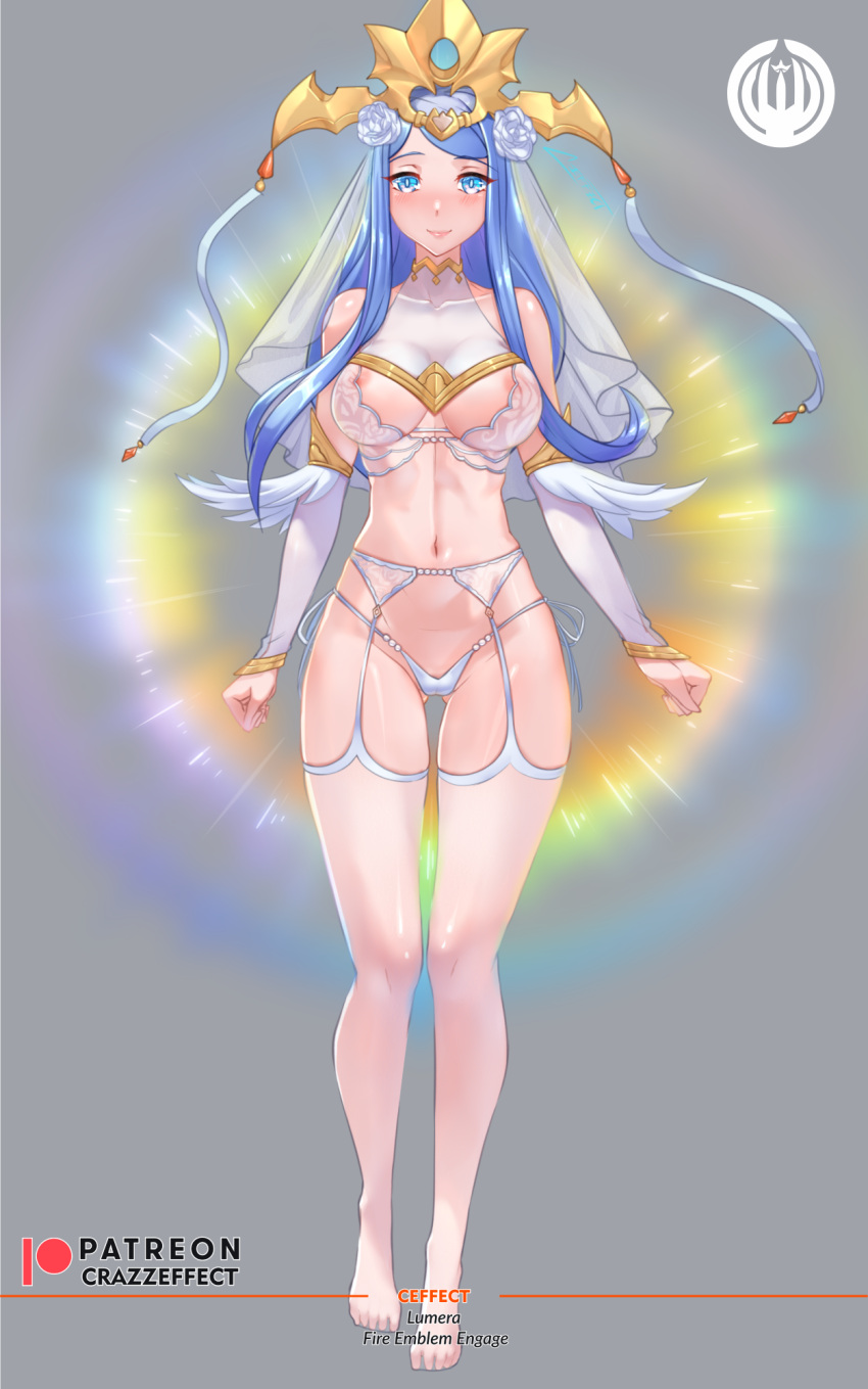 1girl 1girl 1girls alluring alternate_version_available areola areola_slip ass_visible_through_thighs bangs bare_midriff bare_thighs big_breasts blue_eyes blue_hair bodystocking bra bridal_veil bride collarbone crazzeffect detached_sleeves female_only fire_emblem fire_emblem_engage flower full_body garter_belt glowing grey_background hair_flower halterneck light lingerie long_hair long_sleeves looking_at_viewer lumera_(fire_emblem) mature mature_female midriff milf nintendo nipples panties partially_visible_vulva pussy revealing_clothes see-through see-through_bra see-through_clothing see-through_panties see-through_thighhighs skimpy_clothes smile stockings thighs translucent_clothing transparent_clothing underwear veil white_bra white_panties