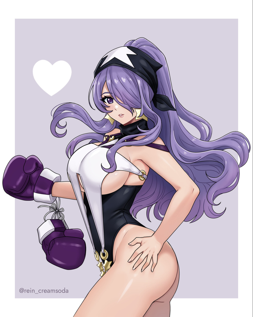 1girl 1girl absurd_res alluring alternate_costume big_breasts boxing boxing_gloves camilla_(fire_emblem) commission earrings fire_emblem fire_emblem_fates hair_over_one_eye high_res jewelry leotard long_hair looking_at_viewer nintendo purple_eyes purple_hair rein_creamsoda star_(symbol) star_earrings under_boob wavy_hair