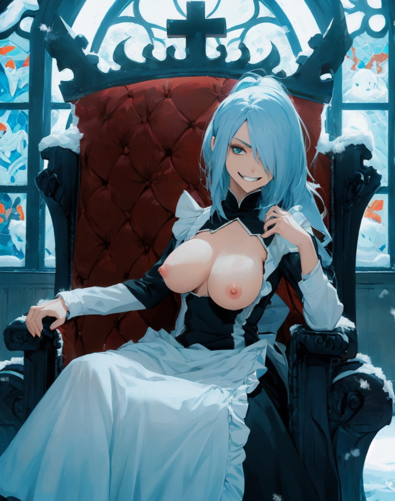 1girl 1girls ai_generated angie_(pokemon_rejuvenation) angie_theolia anju_(pokemon_rejuvenation) anju_carnelian big_breasts blue_hair breasts breasts_out church church_interior cold edit evil_grin fangame_character female_only first_porn_of_character grin hair_over_one_eye looking_at_viewer maid_uniform mature_female mature_woman milf nipples nude pokemon pokemon_fangame pokemon_rejuvenation ponytail sitting_on_throne snow throne undressed