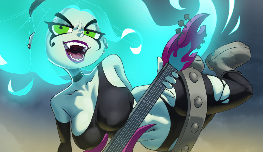 1girl absurd_res absurd_res belt big_breasts clothed coolerinker danny_phantom ear_piercing earrings ember_mclain female_only green_eyes guitar hair high_res inker_comics inkershike mascara open_mouth ponytail ripped_clothing turquoise_hair turquoise_skin