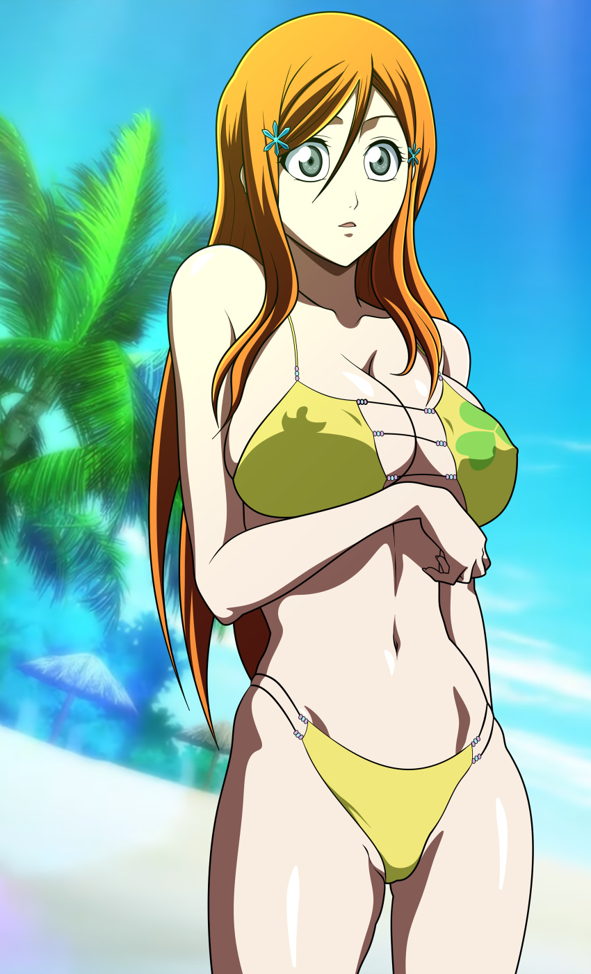 1girl alluring anime_style auburn_hair beach beach_background big_breasts bikini bikini_bottom bikini_top bleach breasts cleavage color colored doujin doujin_cover grey_eyes inoue_orihime lingerie nipples nipples_visible_through_clothing oldhorrorz orange_hair panties