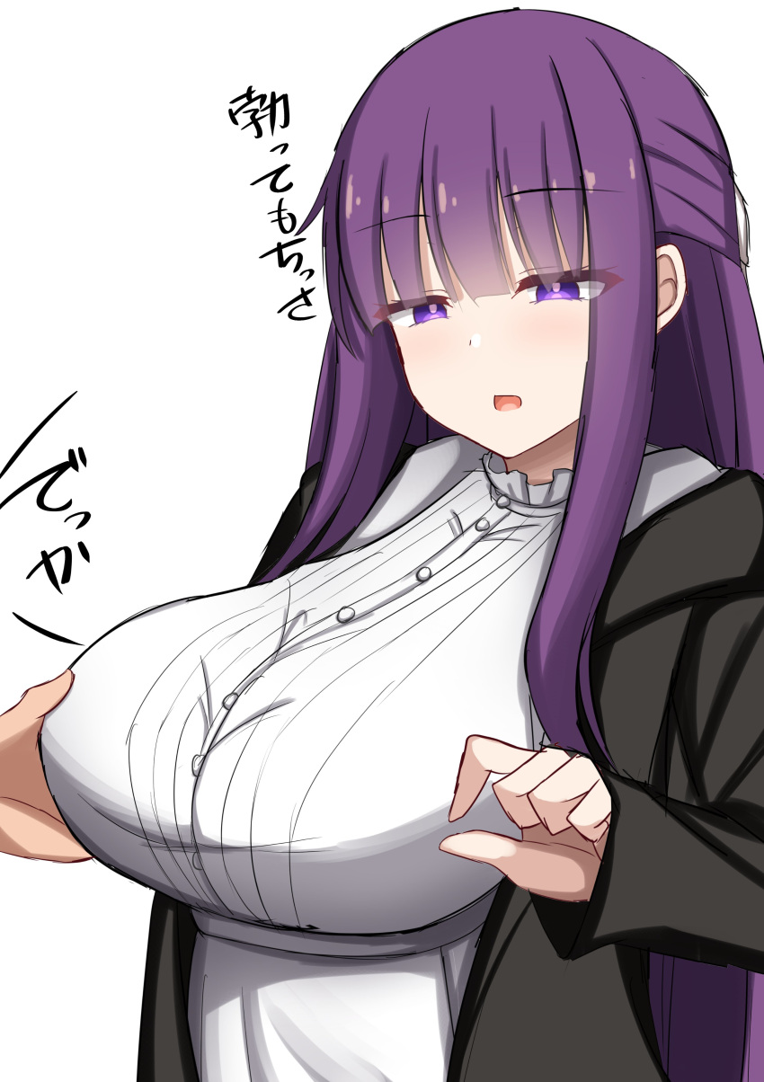 1girls 1other bangs big_breasts big_breasts blunt_bangs breast breast_grab fern_(sousou_no_frieren) grabbing grabbing_another's_breast grabbing_breasts japanese_text long_hair makochan42 offscreen_character open_mouth purple_eyes purple_hair simple_background sousou_no_frieren translation_request white_background