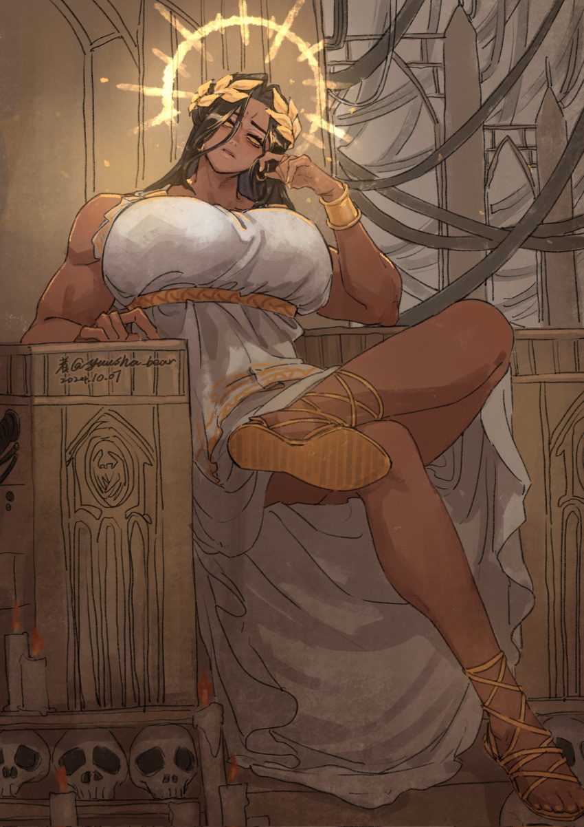 artist_request big_ass big_breasts black_hair genderswap god-emperor_of_mankind gown huge_breasts long_hair sitting_on_chair tanned tanned_female tanned_skin throne warhammer_(franchise) warhammer_40k yuusha_bear_(twitter)