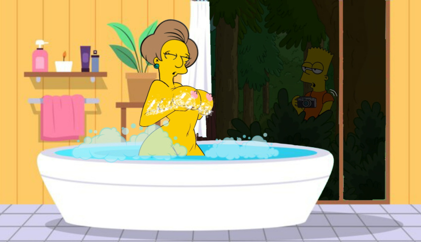 bart_simpson big_breasts edna_krabappel nude recording spying the_simpsons voyeur wet window