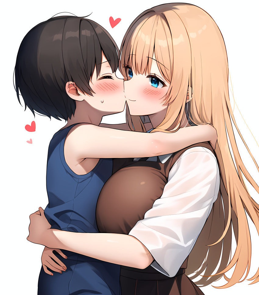 1boy 1girl age_difference ai_generated big_breasts blonde_hair blue_eyes blush breasts huge_breasts novelai onee-s***a self_upload size_difference