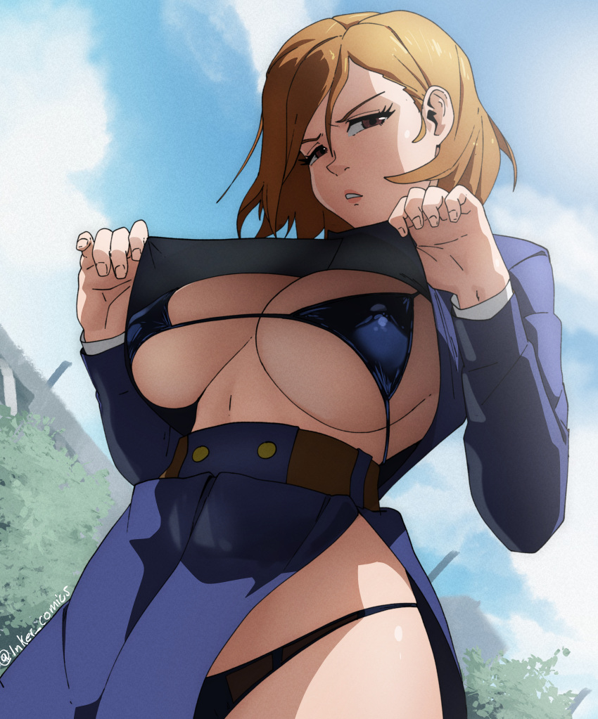 1girl 1girl 1girls absurd_res big_breasts bikini black_bikini blue_jacket blue_skirt blue_sky breasts brown_eyes brown_hair clothes_lift cloud day high_res inker_comics inkershike jacket jujutsu_kaisen jujutsu_tech_uniform kugisaki_nobara lifting_own_clothes looking_at_viewer outside short_hair side_slit skirt sky swimsuit