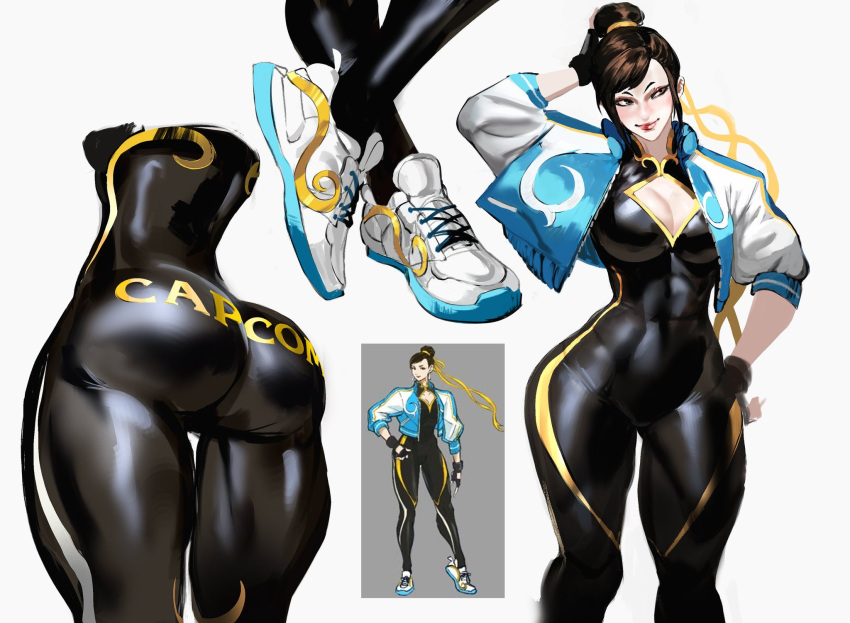 1girl 2020s 2024 2d 2d_(artwork) 2d_artwork asian asian_female ass athletic athletic_female back_view belly belly_button big_ass big_hips big_thighs black_eyes bodysuit boob_window breasts brown_hair butt_crack capcom chinese chun-li cleavage cleavage_cutout closed_mouth closed_smile clothed clothed_female clothes clothing cropped cropped_legs curvy curvy_body curvy_figure dat_ass digital_drawing_(artwork) digital_media_(artwork) ear ears_up eyelashes eyes eyes_open fanart female female_focus female_only fingerless_gloves fingers fit fit_female front_and_back front_view glove gloved_hands gloves grin hair hair_ribbon hips hourglass_figure human human_female humanoid large_ass large_butt leggings legs legwear lips lipstick looking_away makeup mashingvaquita mature_female milf mouth mouth_closed multiple_images multiple_views neck no_dialogue nsfw official_art open_eyes open_jacket ribbon ribbons sexually_suggestive shoes slim slim_girl smile sneakers solo solo_female solo_focus street_fighter street_fighter_6 suggestive suggestive_look text text_on_clothing thick_thighs thighs tied_hair tight_clothes tight_clothing tight_dress tight_fit video_game video_game_character video_game_franchise video_games white_background