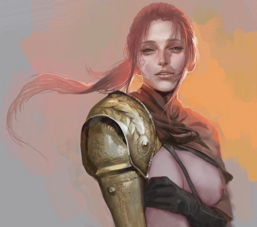 1girl amputee artist_request bandai_namco beautiful beautiful_female breasts elden_ring fromsoftware gloves looking_at_viewer millicent_(elden_ring) painting painting_(artwork) ponytail portrait realistic smile solo_female solo_focus