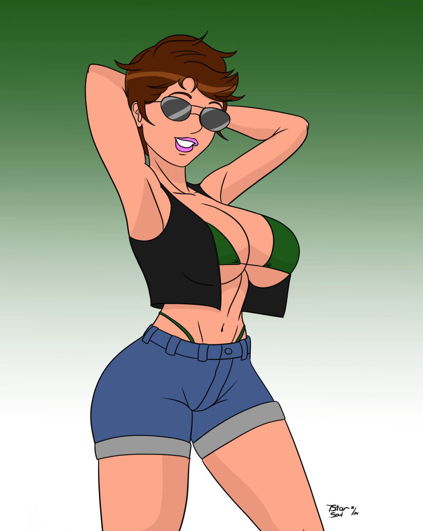 7starsoul alison_r_hart_burnett arms_up artist_signature big_breasts bikini_top breasts brown_hair commission commissioner_upload denim_shorts g.i._joe gloves hands_behind_head lady_jaye looking_at_viewer shorts sunglasses tinted_eyewear vest