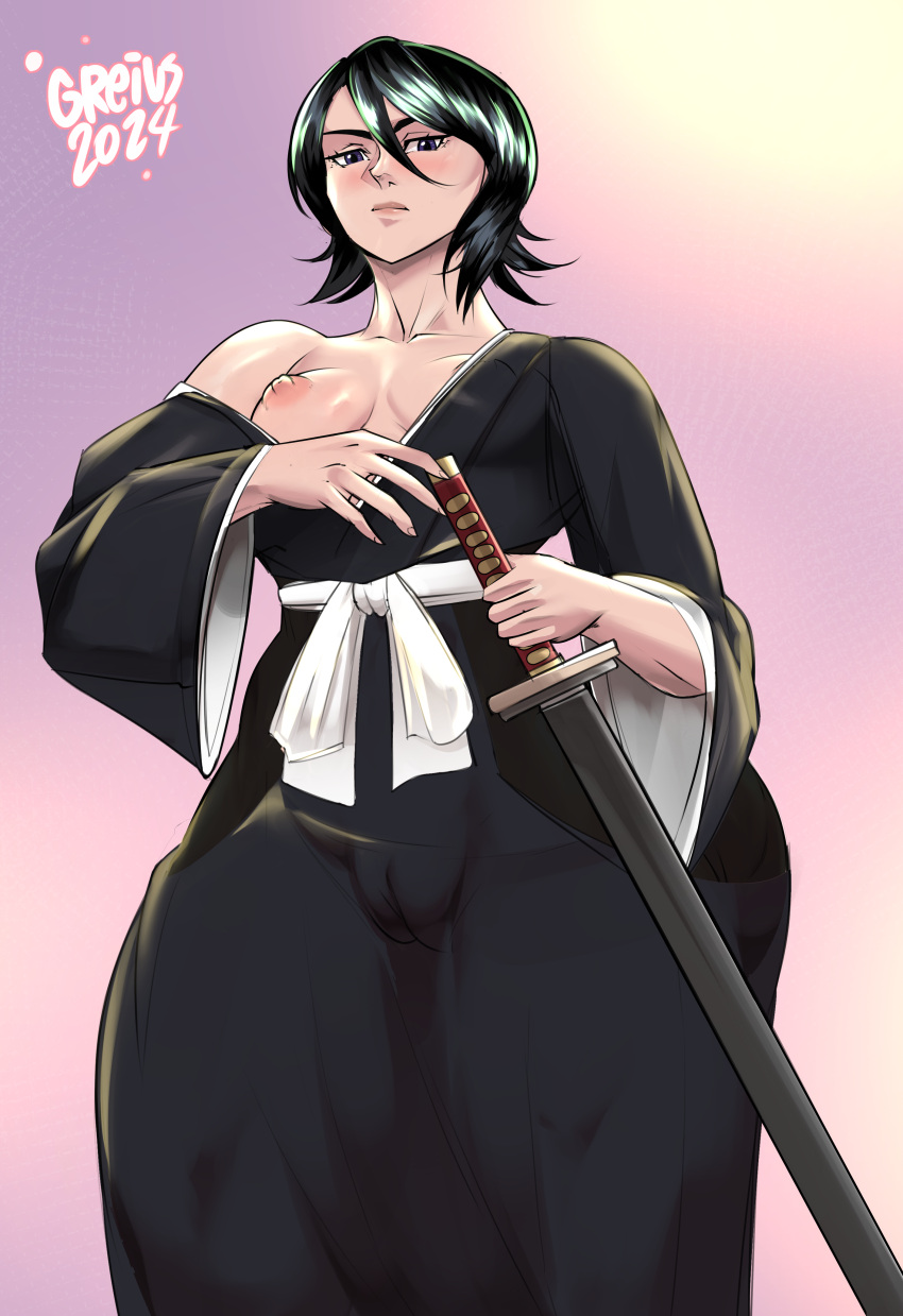 1girl 1girl black_hair bleach breasts female_pervert kimono kuchiki_rukia medium_breasts nipples pervert pussy sex_invitation sexually_suggestive short_hair sword