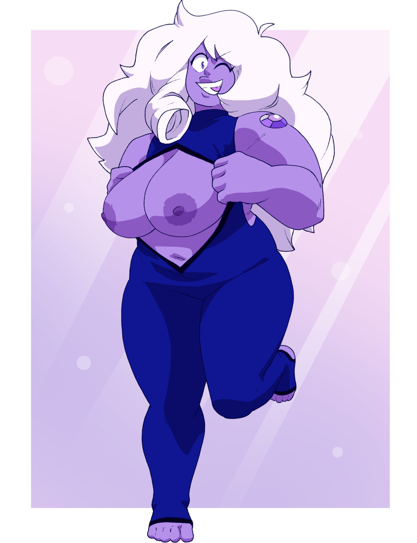 amethyst_(gem) amethyst_(steven_universe) big_breasts big_breasts breasts_out cartoon_network coolerinker famethyst_(steven_universe) gem_(species) high_res inker_comics inkershike leotard leotard_pull long_hair looking_at_viewer muscular_female navel nipples one_leg_up original_character purple_eyes purple_nipples purple_skin simple_background smile smiling_at_viewer steven_universe thick_thighs white_hair wink winking_at_viewer