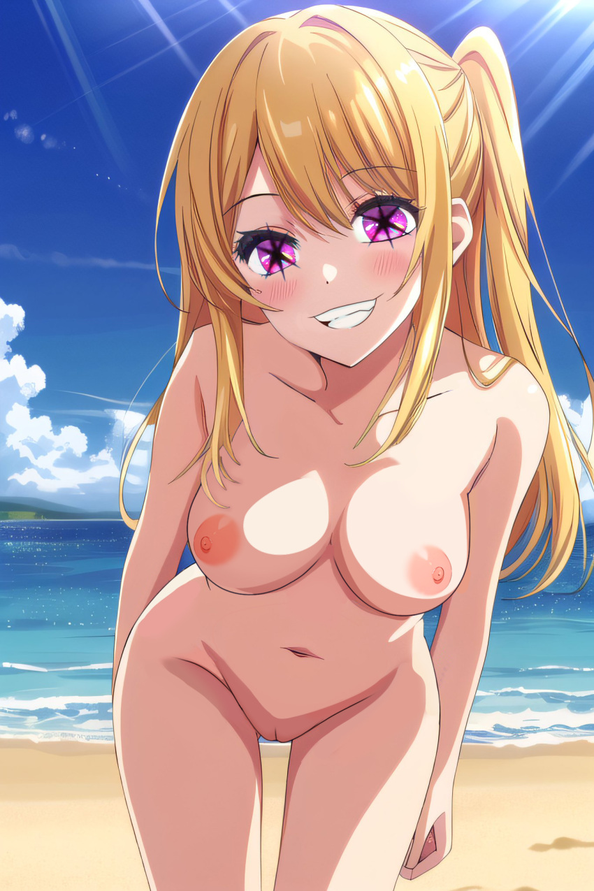 beach blonde_hair hoshino_ruby long_hair looking_at_viewer medium_breasts nekom14 nipples nude_female oshi_no_ko pink_eyes pussy side_ponytail smile smile_at_viewer star-shaped_pupils