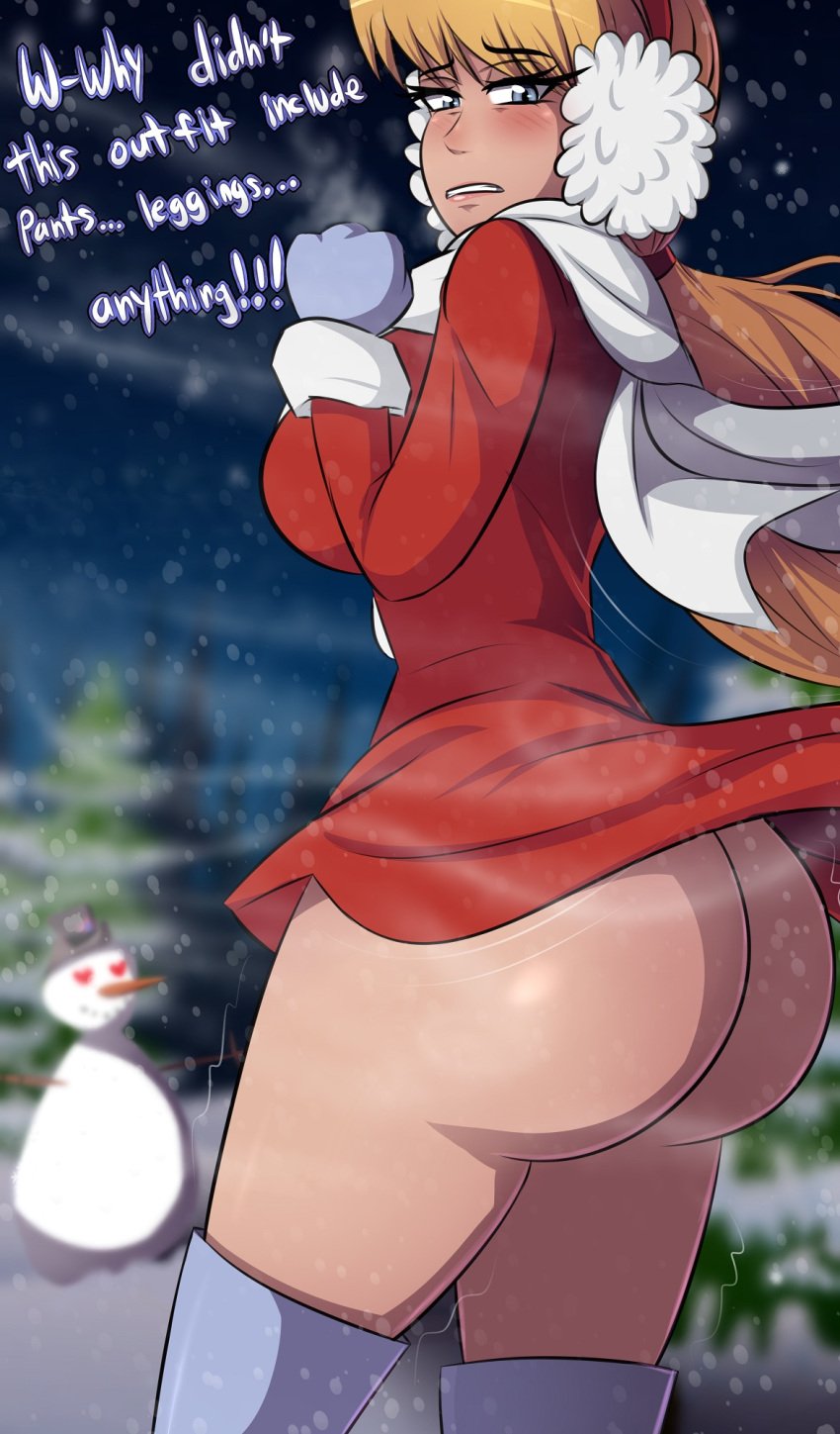 1girl 1girl 1girl aged_up ass ass_focus bare_ass big_ass big_ass blonde_hair blue_eyes blush bottomless dat_ass dialogue dress dress_up earmuffs female_focus freezing frosty_the_snowman glazen glazinbuns gloves karen_(frosty_the_snowman) motion_lines night night_sky no_panties outside outside ponytail rankin-bass scarf shivering snow snowman thick_ass thick_thighs voluptuous white_scarf wide_hips winter