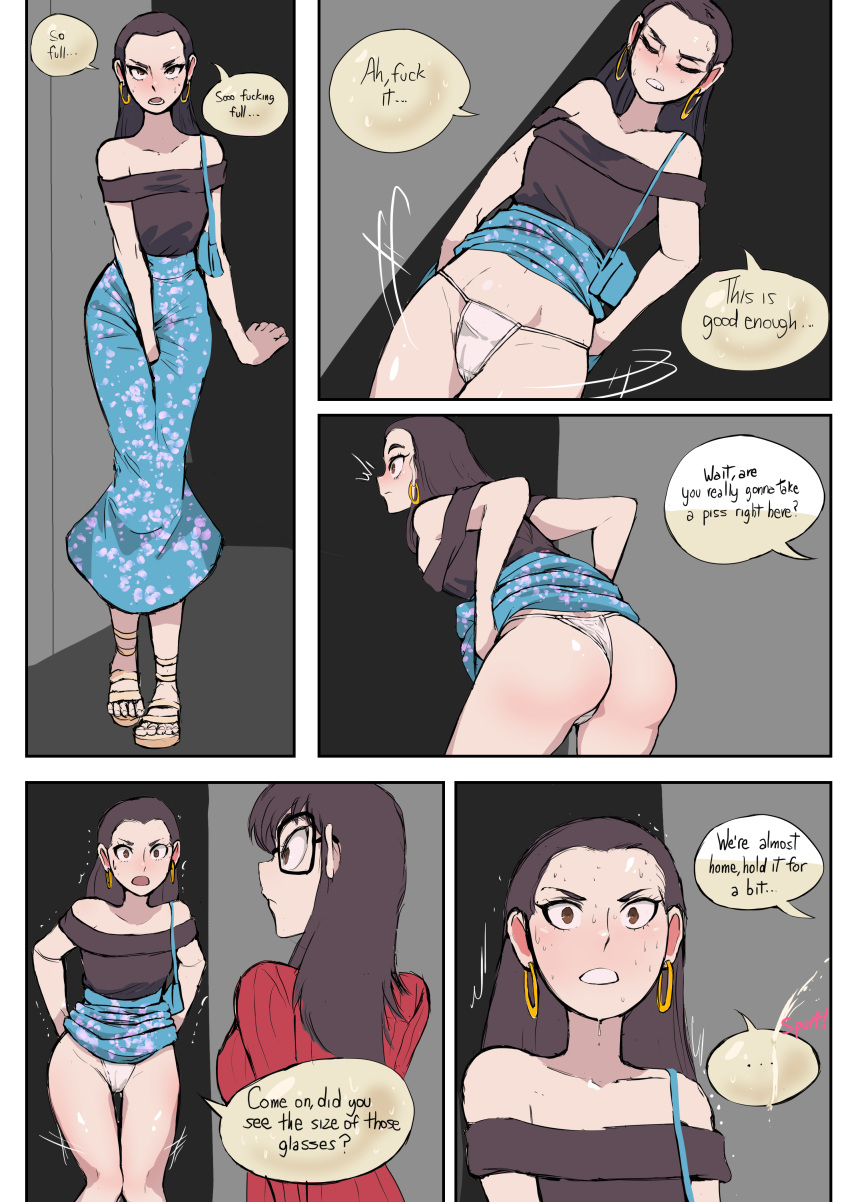 1girl 1girls 5koma ass biku caught desperation embarrassed frustrated hand_between_legs have_to_pee long_skirt public selena_(biku) skirt skirt_lift surprised white_panties