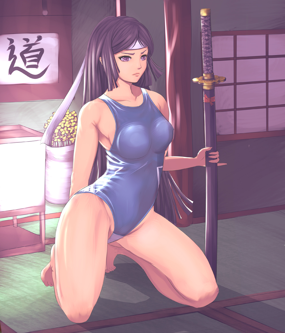 1girl 1girl alluring barefoot big_breasts black_hair competition_swimsuit female_focus fire_emblem fire_emblem_awakening harihisa headband katana kneel kunoichi long_hair nintendo one-piece_bikini one-piece_swimsuit pinky_out purple_eyes say'ri_(fire_emblem) sheath sheathed swimsuit sword tatami weapon