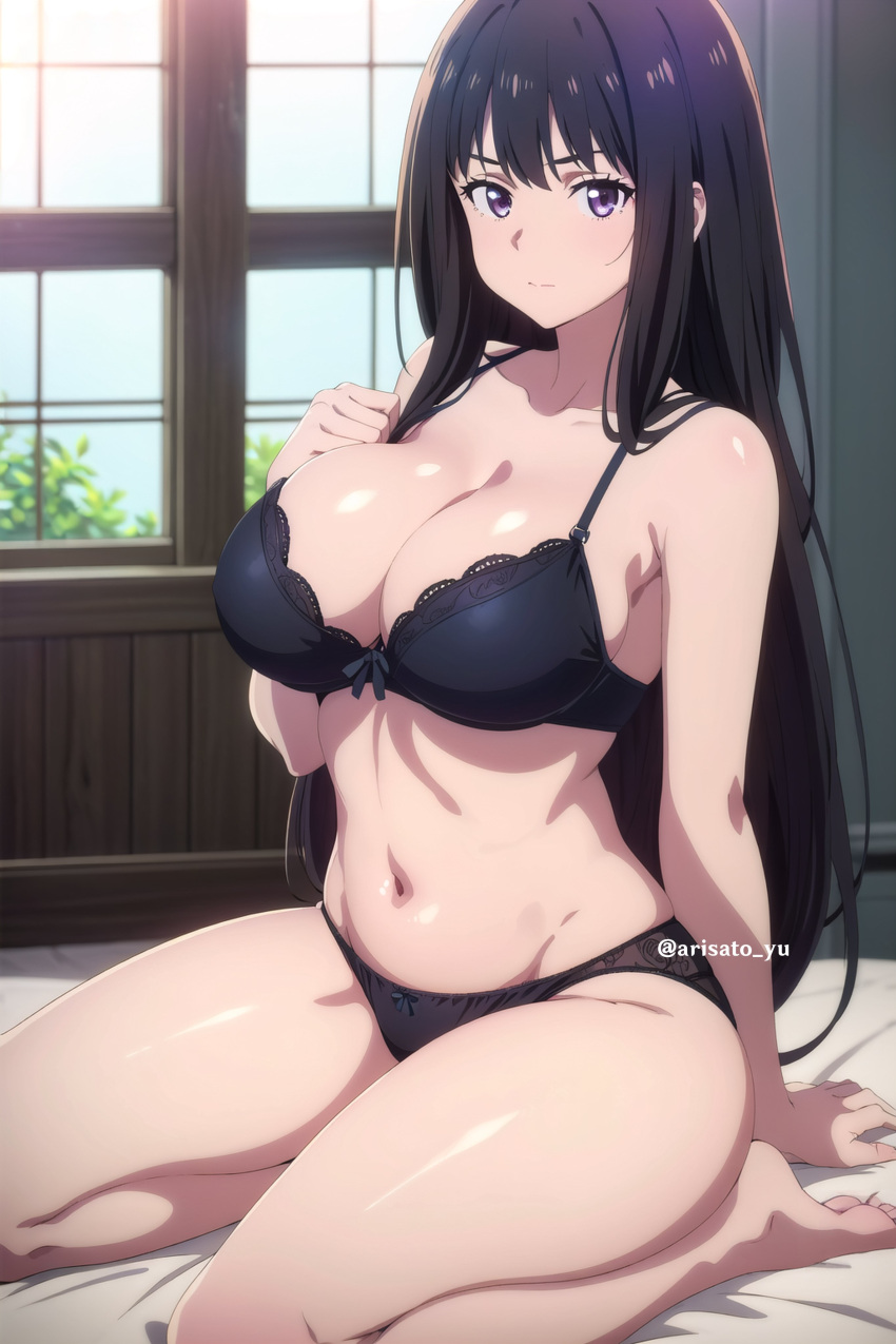 1girl accurate_art_style alluring arisato_yu bare_legs big_breasts black_hair bra cleavage inoue_takina lingerie lycoris_recoil panties pin_up purple_eyes underwear