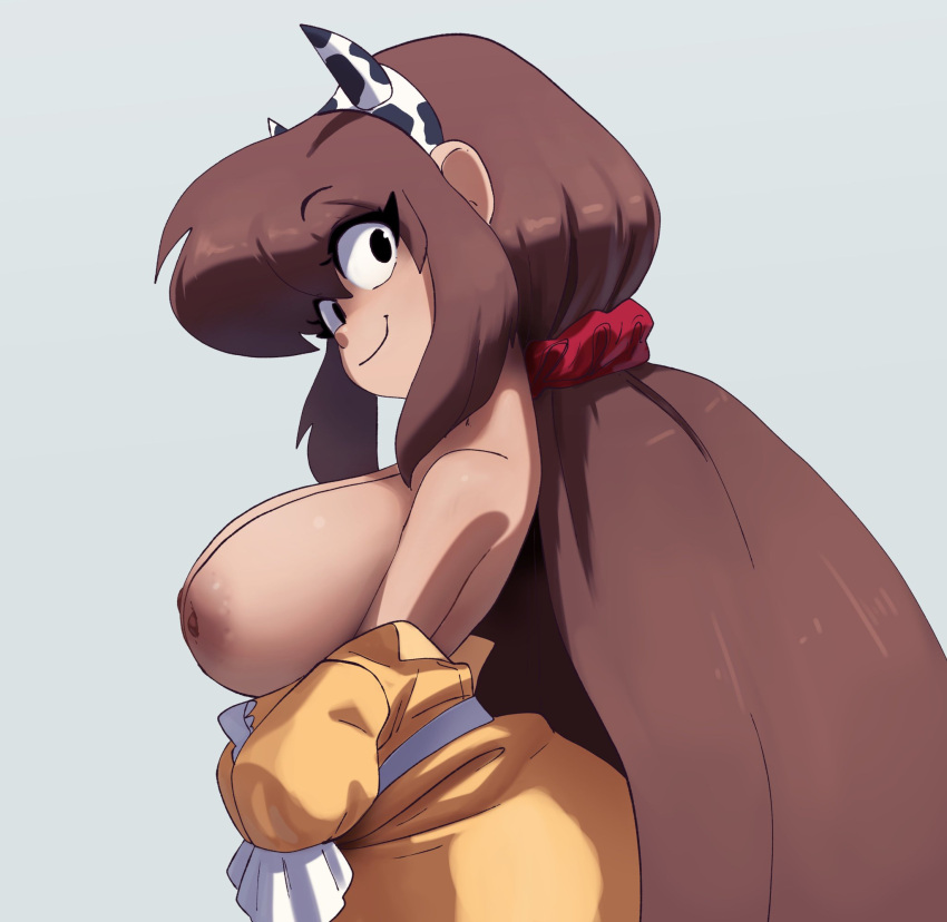 areola bare_shoulders brown_hair coolerinker headband huge_breasts inker_comics inkershike long_hair mona_(inker_comics) nipples original_character undressing yellow_dress