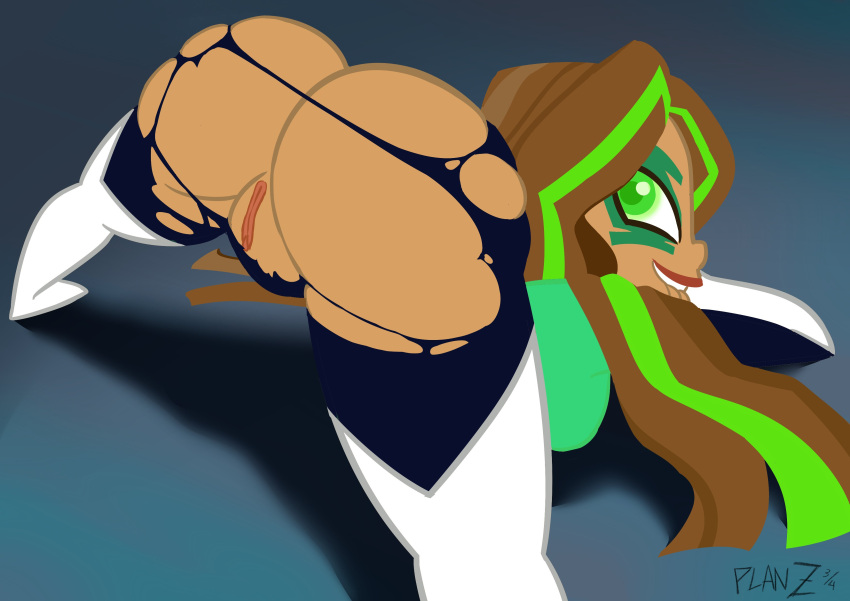 1girl 1girl 1girls ass ass_focus bent_over big_ass biting_own_lip dc_comics dc_comics dc_super_hero_girls female_only green_lantern huge_ass jack-o_pose jessica_cruz looking_back planz34 pussy pussy rear_view smooth_skin torn_clothes torn_clothing