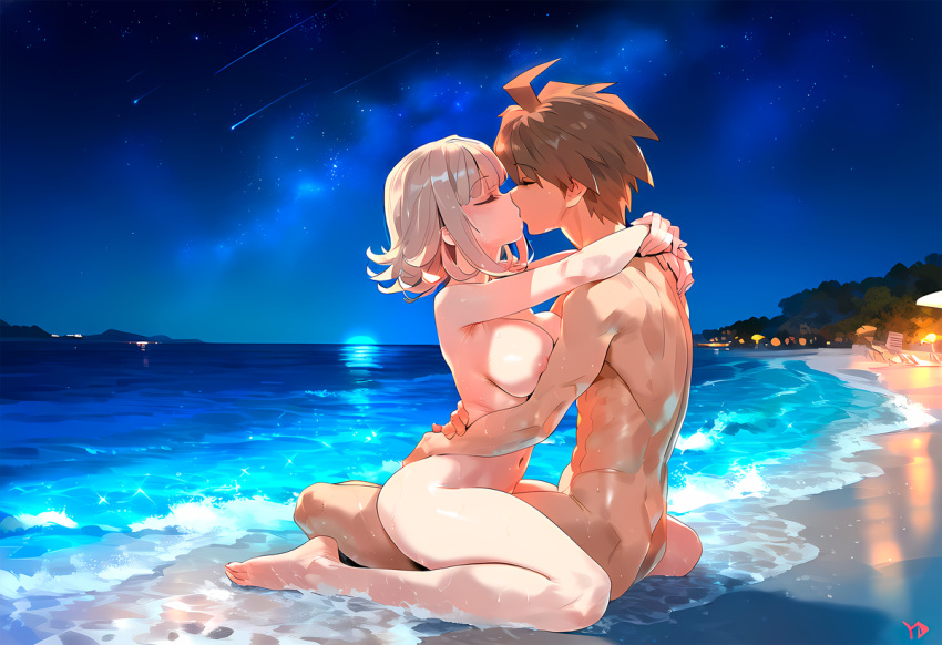 1boy 1girl breasts brown_hair chiaki_nanami couple danganronpa danganronpa_(series) kissing makoto_naegi naegi_makoto nipples sex