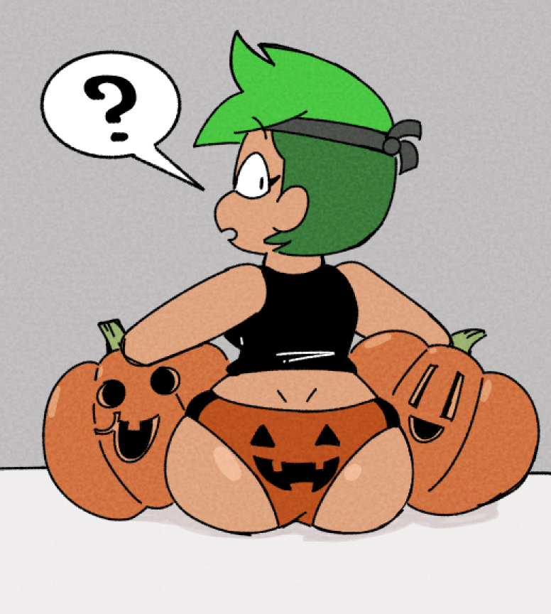 1girl ass bbw chubby green_guts green_hair jack-o'-lantern looking_at_viewer looking_back ok_k.o.!_let's_be_heroes panties pumpkin pumpkin_panties pumpkin_print short_hair solo_female solo_focus