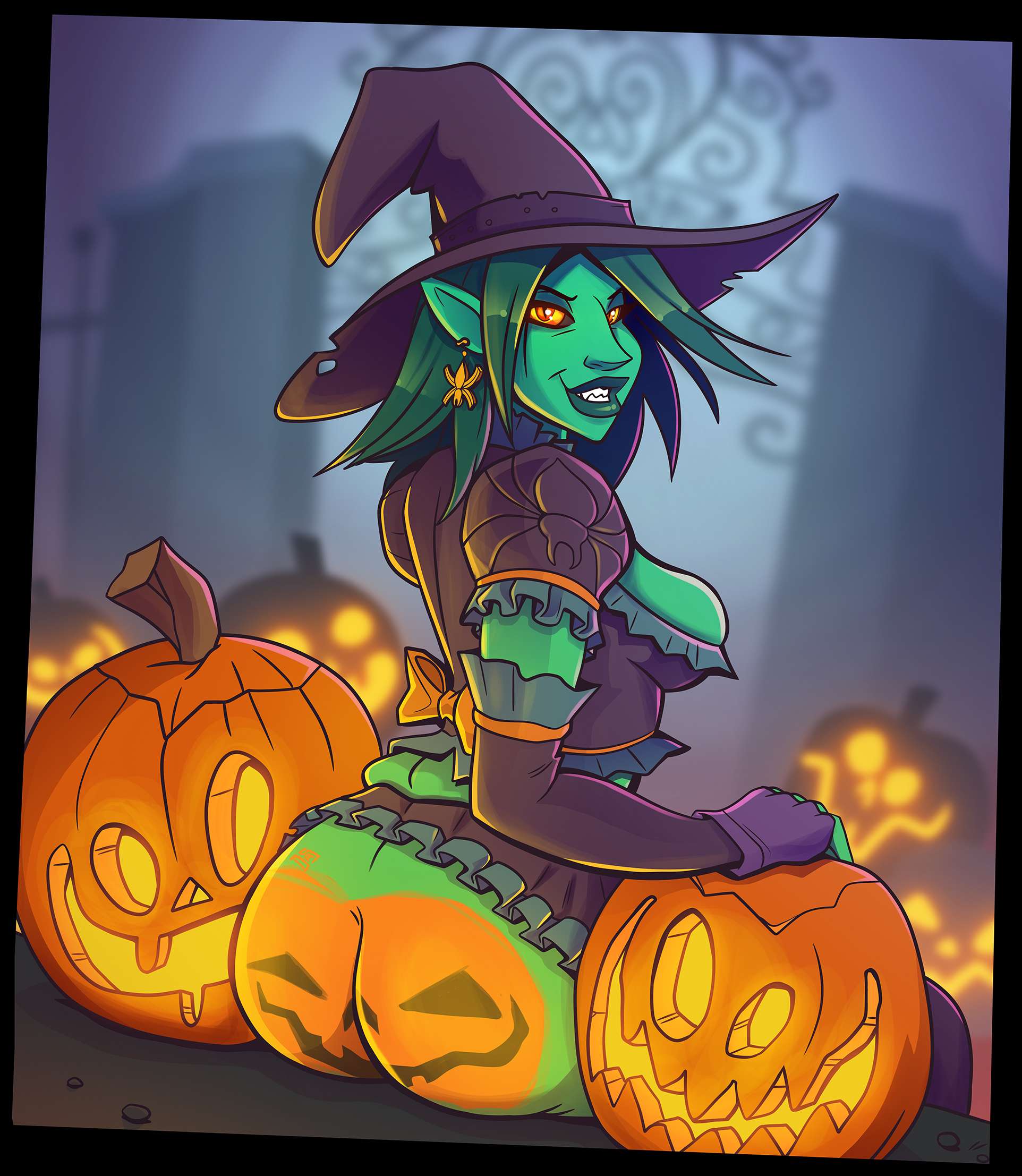 1girl ass bodypaint breasts green_hair green_skin halloween jack-o'-lantern looking_at_viewer pumpkin pumpkin_butt sideboob smile witch yellow_sclera