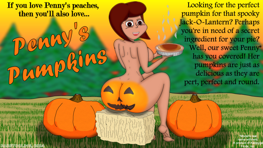 1girl ass bodypaint eating halloween jack-o'-lantern looking_at_viewer looking_back naked_female nude nude pie pumpkin solo_female solo_focus