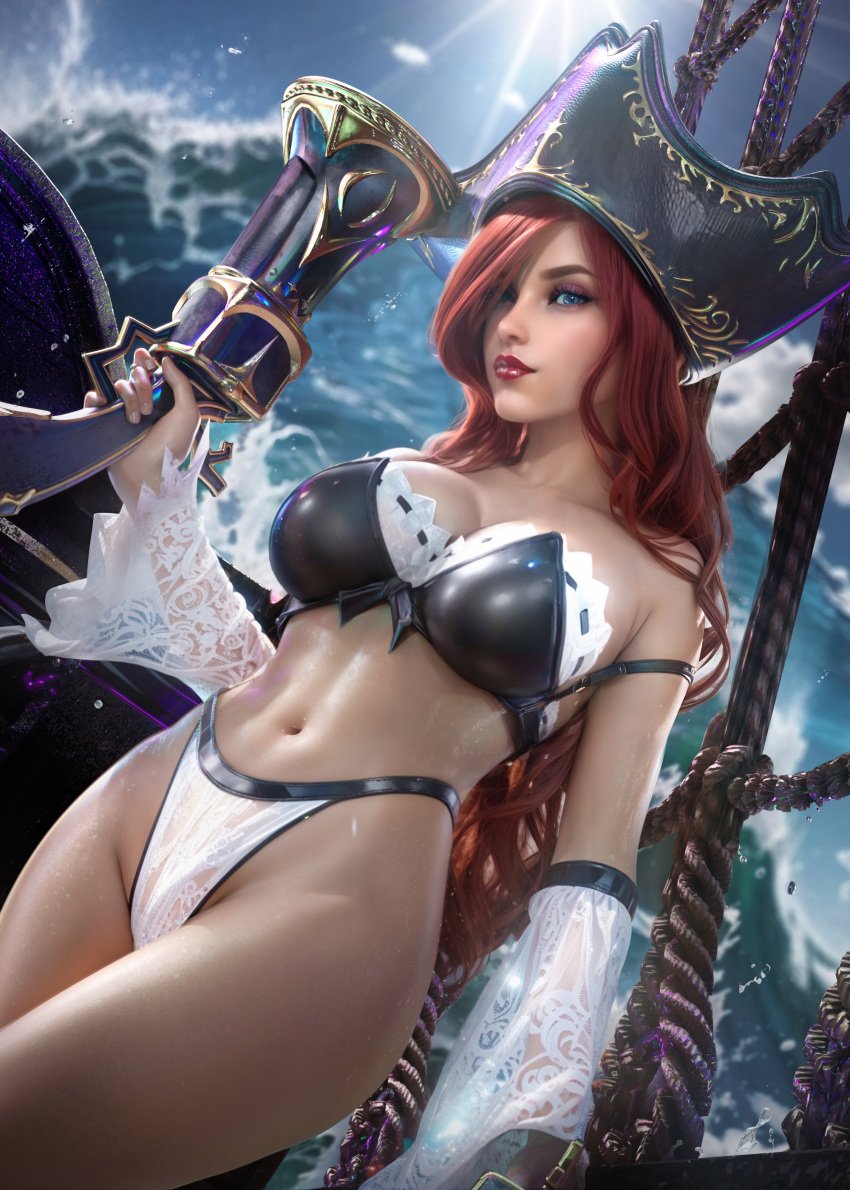 1girl 1girl 1girl 3d 3d_(artwork) absurd_res big_breasts blue_eyes child_bearing_hips curvy female_only gun high_res holding_gun league_of_legends light-skinned_male lingerie looking_at_viewer miss_fortune pirate pirate_hat red_hair shawl solo_female therealzoh thick_thighs toned_female underwear underwear_only wide_hips