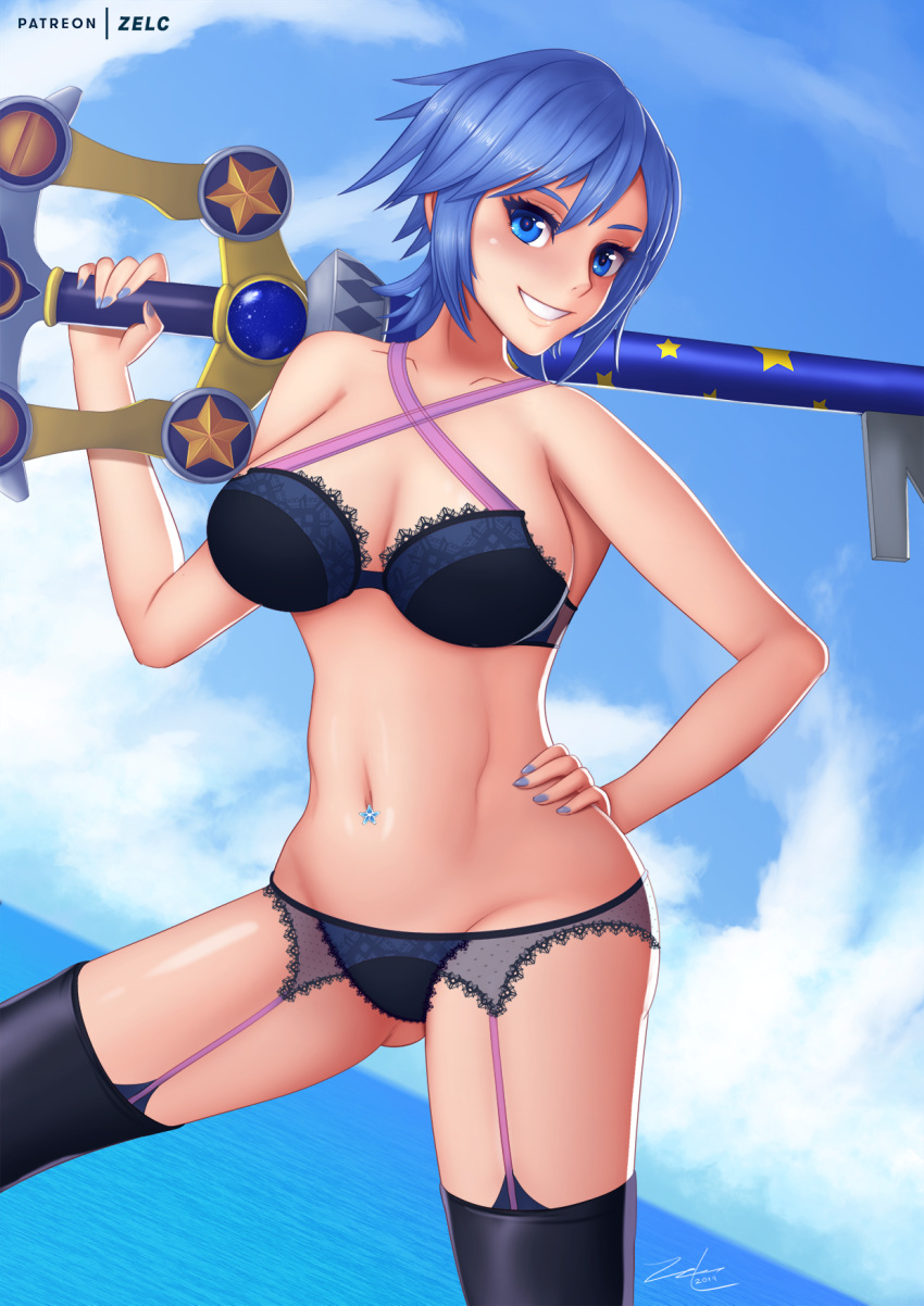 1girl 1girl 2019 abs alluring aqua_(kingdom_hearts) athletic_female big_breasts blue_bra blue_eyes blue_hair blue_panties bra disney eyelashes female_abs female_only fit_female hair hand_on_hip hand_on_hips keyblade kingdom_hearts lingerie midriff navel_piercing outside panties piercing seductive smile square_enix teeth text video_games watermark zelc-face