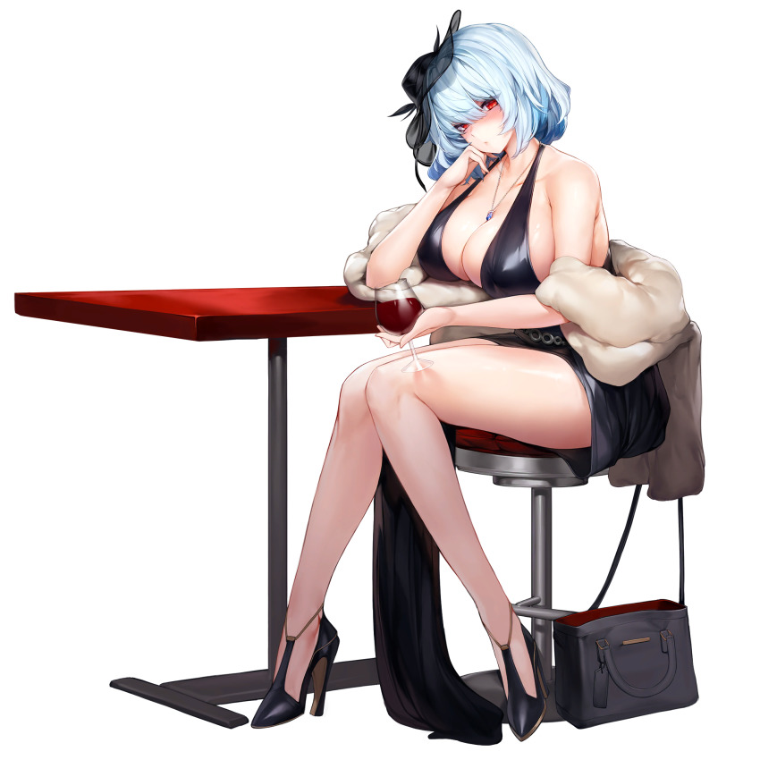 1girl 1girl bag bare_legs bare_shoulders big_breasts black_dress breasts cleavage cup dress drinking_glass full_body hair_between_eyes handbag hat high_heels high_res jewelry last_origin light_blue_hair looking_at_viewer necklace official_art red_eyes short_hair sitting snowball22 solo_female tachi-e thick_thighs titania_frost_(last_origin) transparent_background wine_glass