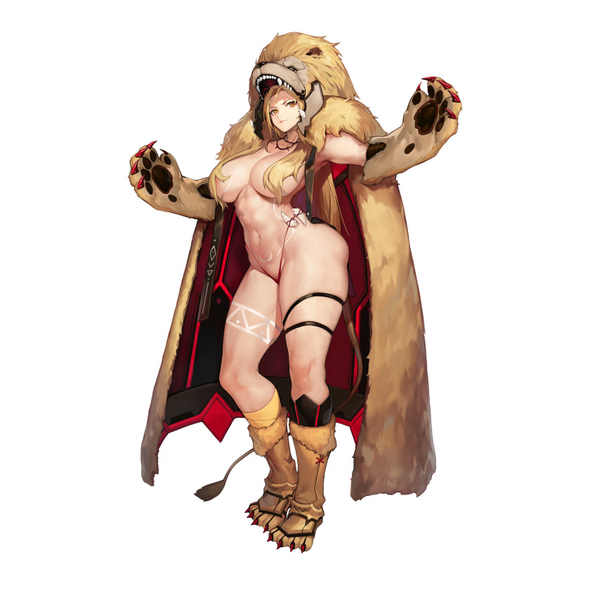 1girl animal_feet animal_hands ankle_boots bandaged_leg bandages big_breasts blonde_hair bodypaint boots breasts cape claws closed_mouth fang female_only full_body fur_boots game_cg gloves hair_censor high_res jam_(nandade) jewelry last_origin leather_boots lion_hood lion_tail long_hair looking_at_viewer micro_panties necklace official_art panties paw_gloves paw_shoes queen_of_mane queen_of_mane_(last_origin) red_panties red_sarong sarong smile solo_female tachi-e tail thick_thighs thigh_strap toned_female topless torn_clothes underwear wide_hips yellow_eyes