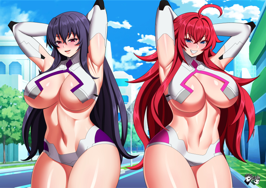 2_girls akeno_himejima alluring bare_thighs big_breasts bikini black_hair busty_female elbow_gloves high_school_dxd jadenkaiba long_hair multiple_girls pin_up red_hair revealing_clothes rias_gremory under_boob white_bikini