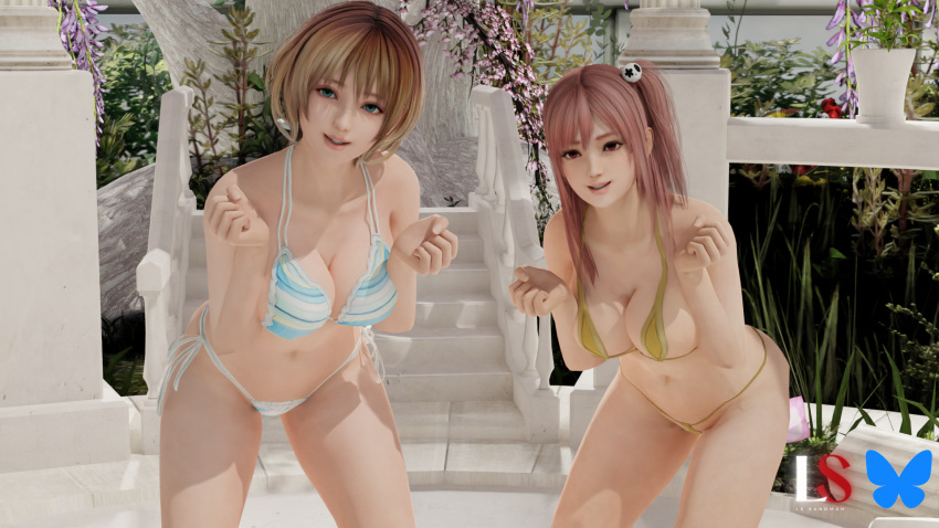 2_girls alluring big_breasts bikini blender_(software) blonde_hair blue_eyes brown_hair cleavage dead_or_alive dead_or_alive_6 dead_or_alive_xtreme_venus_vacation female_focus female_only flower hair_ornament honoka honoka_(doa) le_sandman leaning_forward long_hair looking_at_viewer meg_(doa) multiple_girls navel one_side_up open_mouth pink_hair plant red_eyes short_hair side-tie_bikini_bottom skull_hair_ornament smile striped striped_bikini swimsuit tagme tecmo xnalara