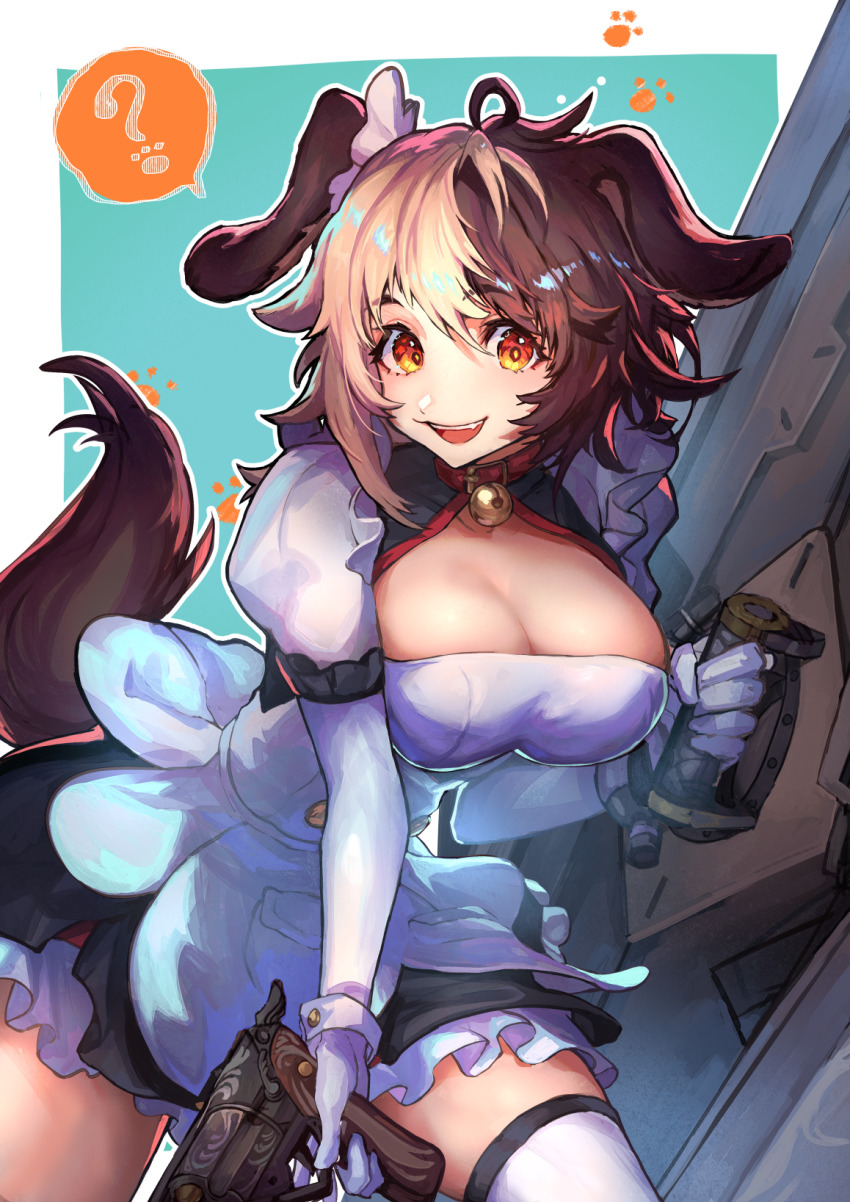 1girl 1girl :3 ? animal_ears big_breasts blonde_hair breasts brown_hair cleavage cleavage_cutout clothing_cutout collar dog_girl elbow_gloves fang gloves gun hachiko_of_casting_(last_origin) hair_between_eyes high_res last_origin looking_at_viewer maid multicolored_hair nijimaarc open_mouth paw_print red_eyes shield solo_female split-color_hair stockings tail two_tone_hair weapon white_gloves