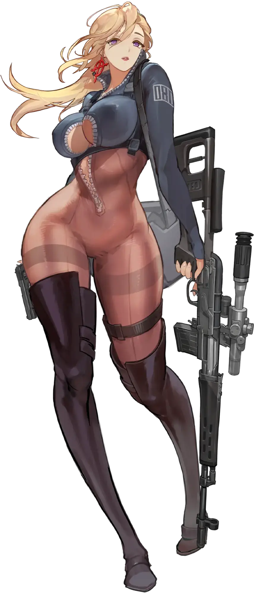 1girl 1girl amy_razer_(last_origin) bag big_breasts blonde_hair bodysuit boots breasts catsuit center_opening cleavage curvy dual_wielding earrings female_only full_body game_cg gun hair_between_eyes handgun high_res holding jewelry last_origin looking_at_viewer nipple_bulge nipple_outline official_art purple_eyes rifle rorobomb skin_tight slim_waist sniper_rifle solo_female tachi-e thick_thighs thigh_high_boots weapon wide_hips zipper