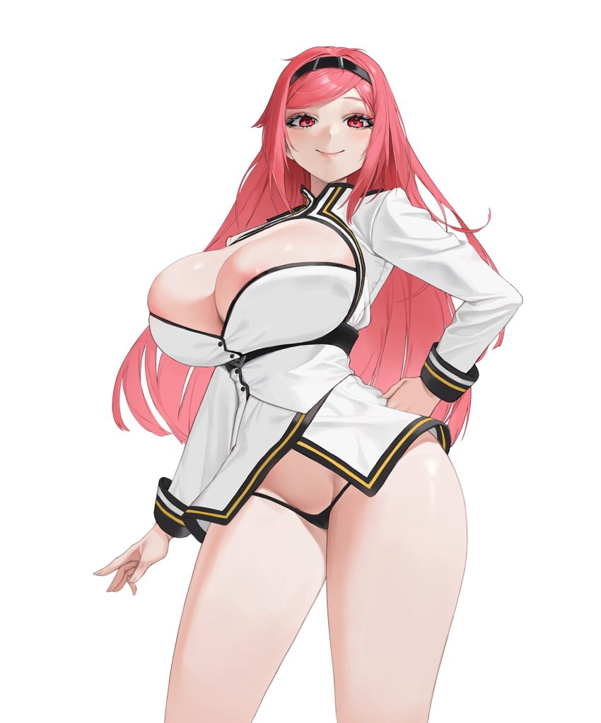 1girl 1girl areola_slip bad_id bad_pixiv_id bare_legs black_panties breasts cleavage cleavage_cutout clothing_cutout cowboy_shot curvy_figure hairband hand_on_own_ass high_res highleg_panties huge_breasts kou_(fcrz2822) last_origin long_hair long_sleeves looking_at_viewer no_pants panties red_eyes red_hair shirt simple_background slim_waist solo_female strato_angel_(last_origin) thick_thighs underwear white_background white_shirt wide_hips wrist_cuffs