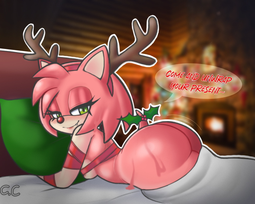 1girl 2023 accessory alluring amy_rose anthro antler_headband areola areola_slip aroused ass bed bedroom bedroom_eyes big_ass breasts bubble_butt champchidi christmas christmas_outfit cleavage cosplay countershade_arms countershade_face countershading dat_ass dialogue digital_drawing_(artwork) digital_media_(artwork) dirty_talk english_text eulipotyphlan eyelashes functionally_nude fur furry furry_female gift_wrapped green_eyes hair hair_accessory hair_ornament hairband half-closed_eyes headband hedgehog holidays holly_(plant) inviting looking_at_viewer lying lying_on_bed mammal mostly_nude multicolored_body multicolored_face multicolored_skin narrowed_eyes on_bed on_front on_stomach pink_body pink_fur pink_hair pink_skin seductive seductive_eyes seductive_look seductive_smile sega sexy sexy_ass sexy_body sexy_breasts short_hair short_tail solo_focus sonic_the_hedgehog_(series) speech_bubble tail talking talking_to_partner talking_to_viewer tan_body tan_countershading tan_skin text thick thick_ass two_tone_body two_tone_face two_tone_skin wrapped