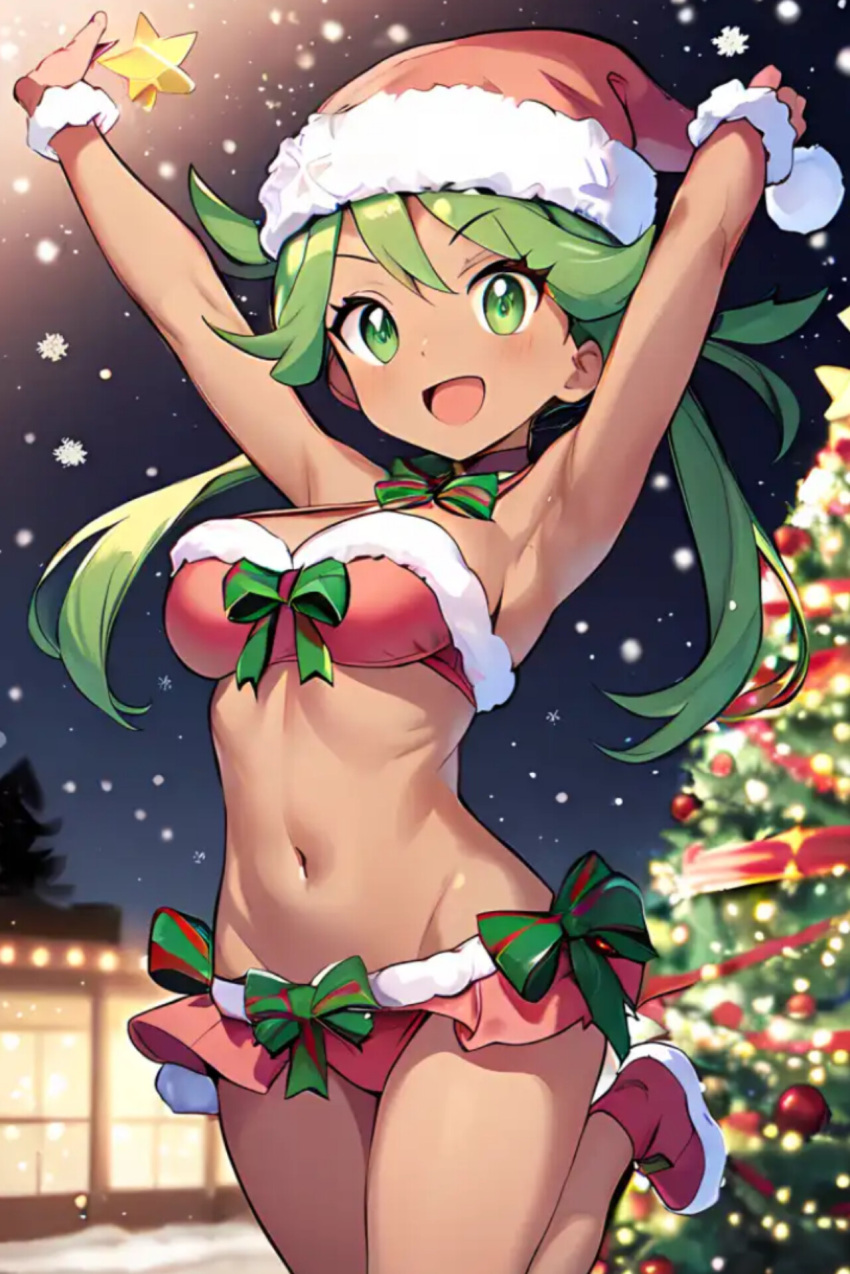 1girl ai_generated arms_up bikini breasts christmas_tree creatures_(company) dark-skinned_female female_focus game_freak green_eyes green_hair mallow_(pokemon) merry_christmas navel night_sky nintendo open_mouth pokemon_(anime) snow