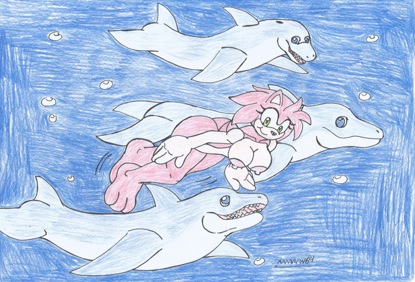 1girl amy_rose anthro ass barefoot big_ass breasts dolphin drawing feet female feral freediving furry hedgehog huge_breasts marine marlon64 nipples nude ocean sea sega skinny_dipping sonic_(series) sonic_the_hedgehog_(series) swimming traditional_media_(artwork) underwater water