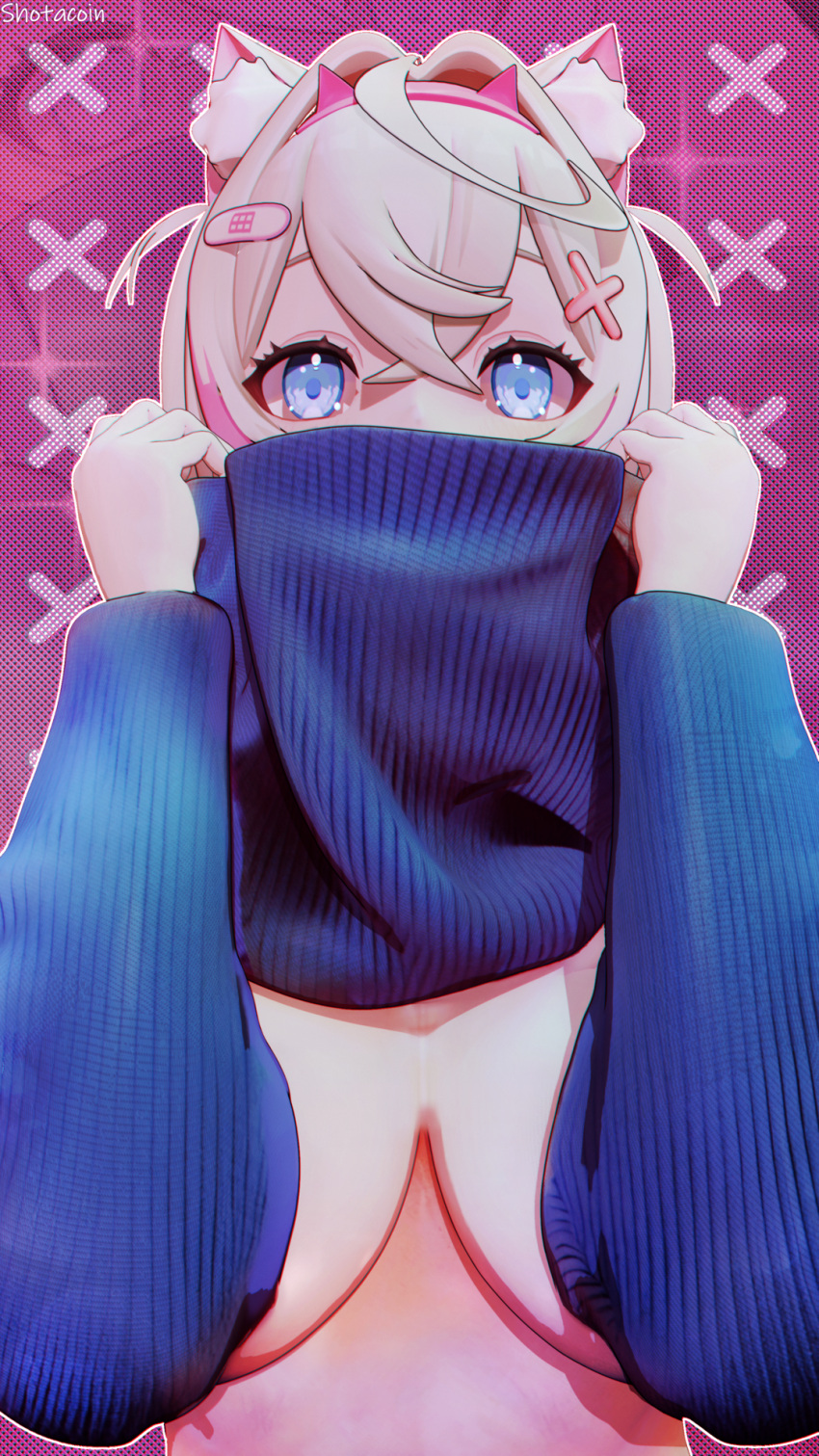 blue_eyes bonde_hair breasts breasts covering_breasts hololive looking_at_viewer mococo_abyssgard sweater vtuber