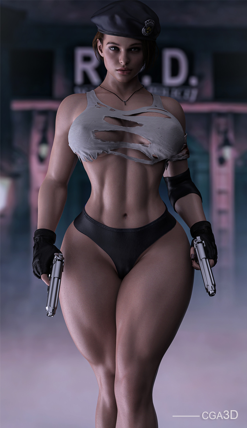 1girl 3d 3d_(artwork) abs alluring athletic_female beret big_ass big_breasts breasts breasts_out bubble_ass bubble_butt capcom casual cga3d clothing curvaceous curvy curvy_female curvy_figure erotichris exposed_breasts female_abs female_human female_only firearm fit fit_female front_view game_poster handgun handwear headwear hourglass_figure human jill_valentine jill_valentine_(sasha_zotova) legwear neckwear pale_skin patreon_username pawg resident_evil resident_evil_3 resident_evil_3_remake s.t.a.r.s tactical_gear thick thick_ass thick_thighs thong torn_clothes torn_clothing torn_shirt twitter_username voluptuous voluptuous_female weapon wide_hips