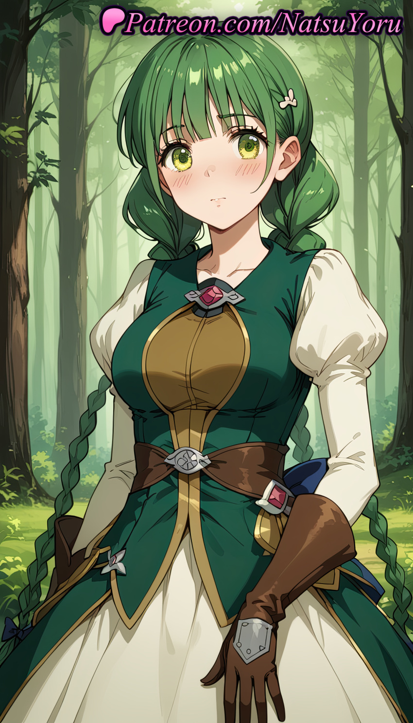 2025 ai_generated anime anime_style bangs belt big_breasts blunt_bangs blush bow braid breasts brown_gloves bust closed_mouth collarbone corset day dress female_focus forest gem gloves green_dress green_eyes green_hair hair_bow hair_flower hair_ornament hentai high_quality high_res high_resolution juliet_sleeves long_hair long_sleeves looking_at_viewer low_twin_braids medium_breasts natsuyoru nature non-asian outside patreon puffy_sleeves rishia_ivyred stable_diffusion standing tate_no_yuusha_no_nariagari the_rising_of_the_shield_hero tree twin_braids very_long_hair voluptuous voluptuous_female white_dress yellow_eyes