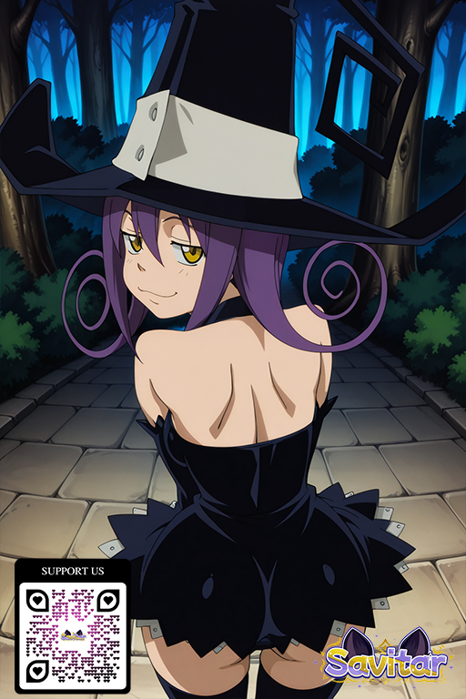 :3 ai_generated bangs bare_shoulders big_breasts black_dress black_headwear black_legwear black_thighhighs blair blair_(soul_eater) blush breasts closed_mouth clothing detached_sleeves dress elbow_gloves forest gloves hair_between_eyes halloween hat headwear legwear littlehentai long_hair looking_at_viewer moon nature night night_sky outside pov purple_hair savitar sky smile soul_eater spellcaster standing stockings thighs tree witch witch_hat yellow_eyes zettai_ryouiki