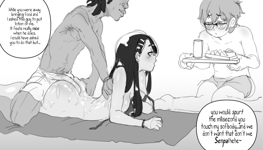 1girl 1girl 2boys ass big_ass big_ass black_hair breasts buttjob cheating cheating_female cheating_girlfriend cuckold cuckolding dark-skinned_male dark_skin english_text hayase_nagatoro high_res high_res hot_dogging interracial laying_down laying_on_stomach long_hair massage monochrome naoto_hachioji_(senpai) netorare ntr nude please_don't_bully_me,_nagatoro raizengax_(artist) riderx_(artist) simple_background sketch small_breasts tan tan-skinned_female tan_body tan_skin tanned tanned_female text text_bubble uncolored white_background