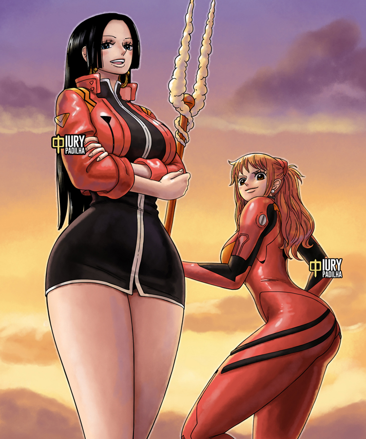 2024 2_girls 2girls artist_name ass asuka_langley_souryuu bare_legs big_breasts black_dress black_hair blue_eyes boa_hancock bodysuit breasts brown_hair collared_jacket commentary cosplay dress english_commentary forehead holding holding_polearm holding_staff holding_weapon interface_headset iury_padilha jacket katsuragi_misato katsuragi_misato_(cosplay) long_hair looking_at_viewer looking_down mitsuishi_kotono multiple_girls nami nami_(one_piece) neon_genesis_evangelion one_piece open_mouth orange_hair plugsuit polearm red_bodysuit red_jacket short_dress skin_tight smile souryuu_asuka_langley souryuu_asuka_langley_(cosplay) staff teeth thighs upper_teeth_only voice_actor_connection weapon