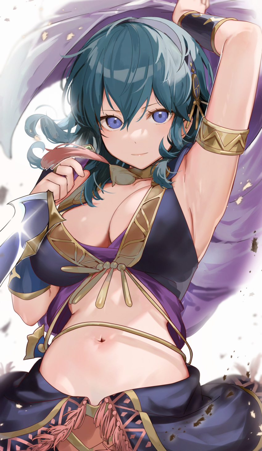 1girl 1girl alluring armlet big_breasts black_hairband byleth_(fire_emblem) byleth_(fire_emblem)_(female) byleth_(jehanna)_(fire_emblem_(female) cleavage closed_mouth fire_emblem fire_emblem:_three_houses fire_emblem_heroes hair_between_eyes hairband haru_(nakajou-28) high_res holding holding_knife holding_weapon jewelry knife long_hair looking_at_viewer midriff navel nintendo official_alternate_costume purple_eyes simple_background smile stomach teal_hair weapon white_background