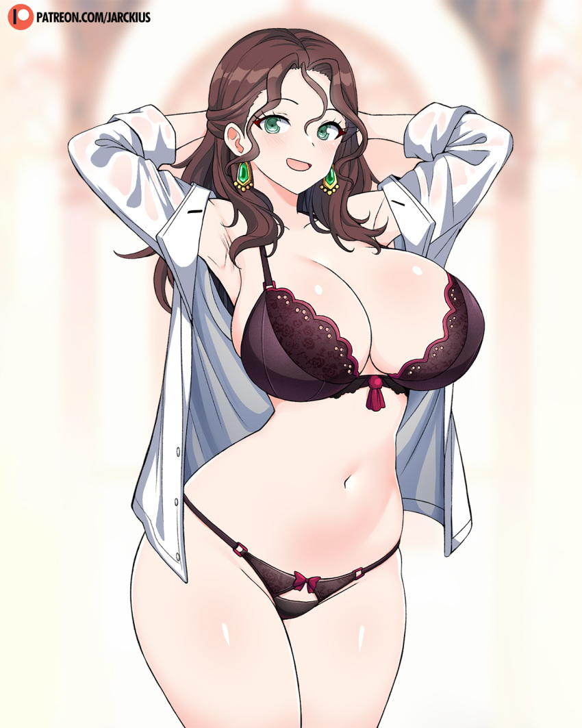 1girl 1girl :d alluring arms_behind_head arms_up big_breasts black_bra black_panties bra brown_hair cleavage curvy dorothea_arnault earrings fire_emblem fire_emblem:_three_houses green_eyes high_res jarckius jewelry lingerie long_hair looking_at_viewer navel nintendo open_clothes open_mouth open_shirt panties shirt smile stomach underwear wavy_hair white_shirt wide_hips
