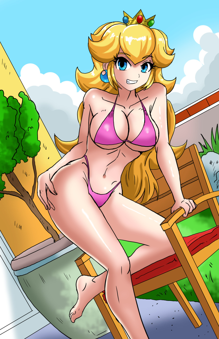 1girl 2023 big_breasts bikini blonde_hair blue_eyes breasts cesaru33 chair cleavage crown curvy earrings female_focus grin grin hand_on_hip high_res long_hair looking_at_viewer mario_(series) navel nintendo outside pink_bikini posing posing_for_the_viewer princess princess_peach super_mario_bros.