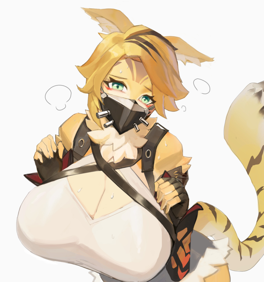 1girl 2025 big_breasts blonde_hair blush breasts cat_girl catgirl cleavage clothing face_mask fingerless_gloves furry green_eyes huge_breasts mammal_humanoid massive_breasts mommy mommy_kink musky_breasts pulchra_(zenless_zone_zero) shy striped_body sweat zenless_zone_zero